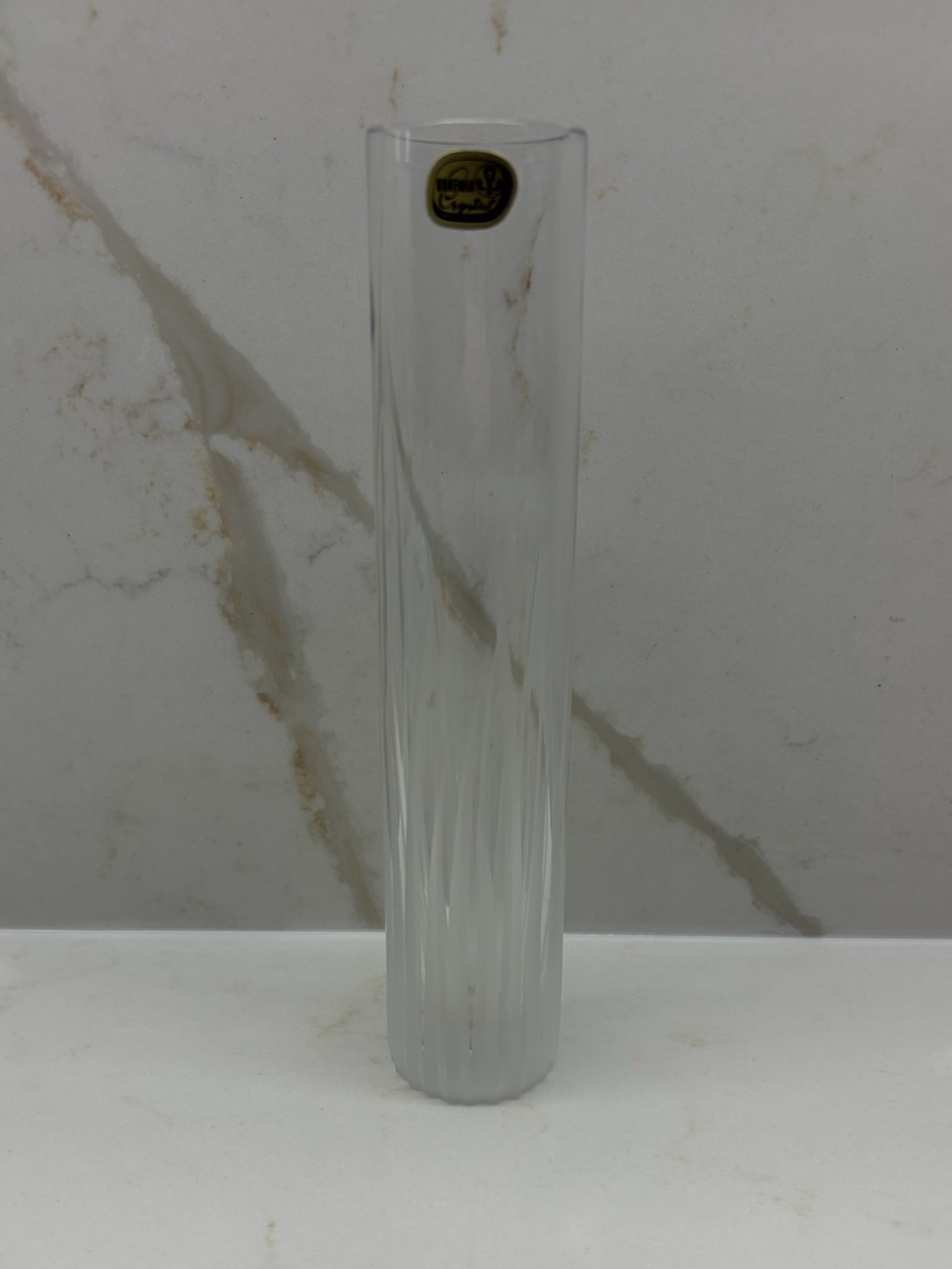 Vintage Bohemian Crystal Czechoslovakia Ribbed Etched Glass Bud Vase